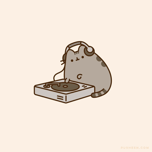 A Cat Wearing Headphones Is Playing A Record GIF