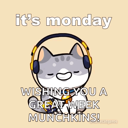 A Cat Wearing Headphones Says It 'S Monday Wishing You A Great Week Munchkins ! GIF