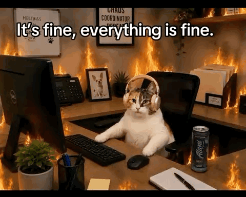 a cat wearing headphones sits at a desk in front of a computer and says it 's fine