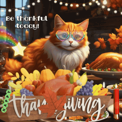 A Cat Wearing Heart Shaped Glasses Sits In Front Of A Table Full Of Food And A Sign That Says Thanksgiving GIF