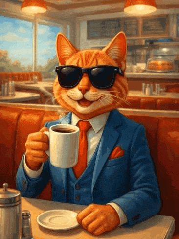 A Cat Wearing Sunglasses And A Suit Is Drinking Coffee GIF
