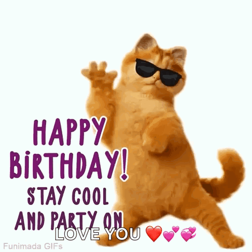 A Cat Wearing Sunglasses Is Dancing And Says Happy Birthday Stay Cool And Party On Love You GIF