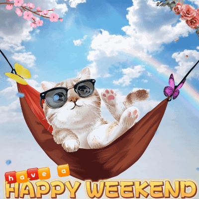 A Cat Wearing Sunglasses Is Laying In A Hammock With The Words Happy Weekend Written Below It GIF