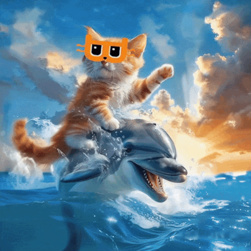 A Cat Wearing Sunglasses Is Riding On The Back Of A Dolphin In The Ocean GIF