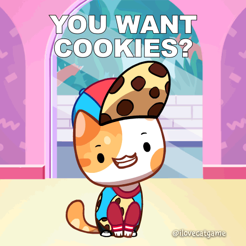 A Cat With A Cookie On Its Head And The Words You Want Cookies GIF