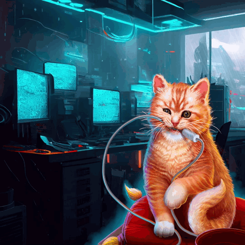 A Cat With A Cord In Its Mouth Is Sitting In Front Of A Computer Monitor GIF