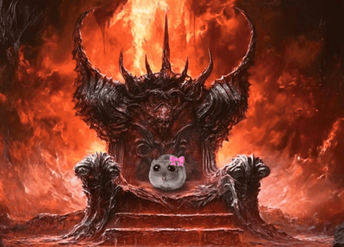 A Cat With A Pink Bow Sits On A Throne In Front Of A Fire GIF