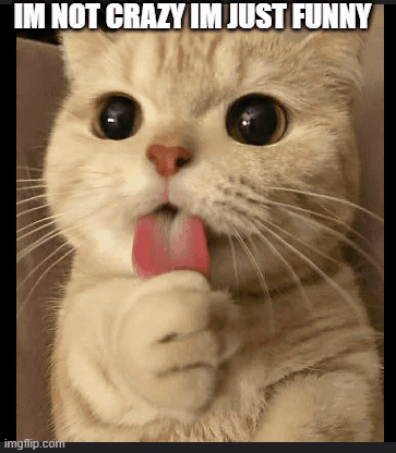 A Cat With A Pink Tongue Sticking Out And The Words Im Not Crazy Im Just Funny GIF