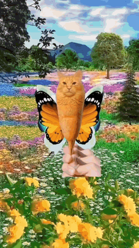Cat With Butterfly Wings In Flower Field GIF
