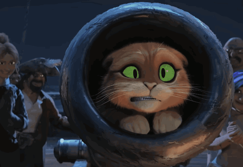 A Cat With Green Eyes Is Looking Out Of A Tire GIF