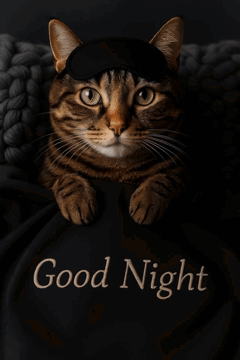 A Cat With Its Tongue Out Is Laying On A Black Blanket That Says " Good Night " GIF