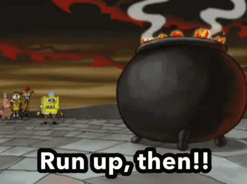 A Cauldron With Smoke Coming Out Of It And The Words Run Up Then GIF