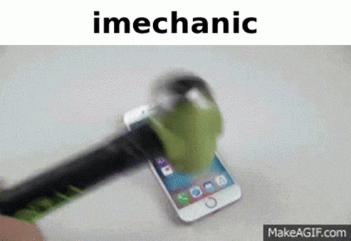 A Cell Phone Is Being Smashed By A Hammer With The Word Imechanic Written Above It GIF
