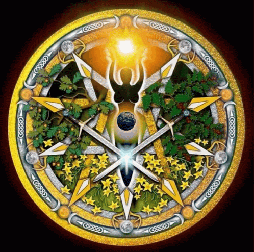 A Celtic Circle With A Woman Holding A Sword In The Center GIF