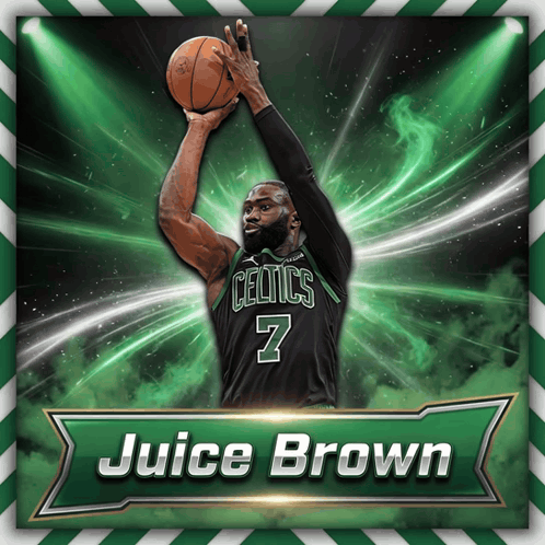 a celtics player named juice brown is holding a basketball in his hand