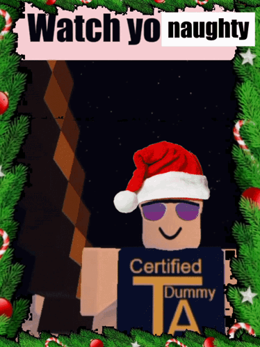 A Certified Dummy Wearing A Santa Hat And Sunglasses Is Surrounded By Christmas Decorations GIF
