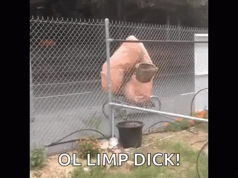 A Chain Link Fence With A Bucket Hanging From It And The Words Ol Limp Dick Written On It . GIF