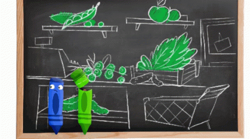 A Chalkboard With A Drawing Of Vegetables And A Blue And Green Crayon GIF