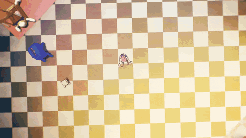 A Checkered Floor With A Blue Chair And A Pink Chair GIF