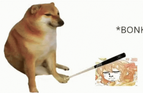 A Cheems Dog Is Sitting Next To A Picture Of A Girl With A Baseball Bat . GIF