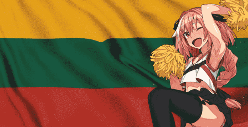 A Cheerleader In Front Of A Flag Holding Pom Poms GIF
