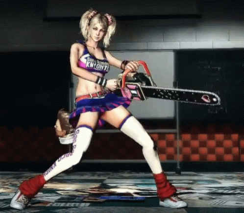 A Cheerleader Is Holding A Chainsaw And Wearing A Shirt That Says Sweet Home Knights GIF