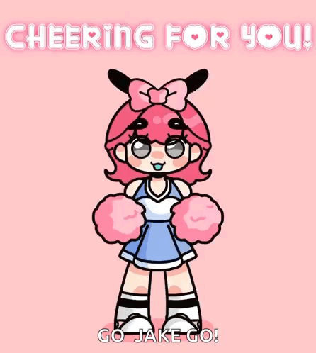 a cheerleader with pink pom poms and the words cheering for you on the bottom