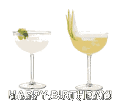 A Cheers To You Queenie Greeting Card With Two Glasses Of Drinks GIF