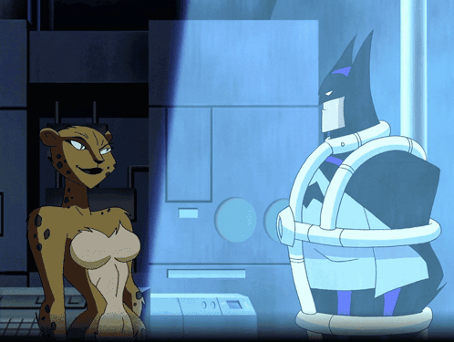 A Cheetah And A Batman Are Standing Next To Each Other In A Dark Room GIF