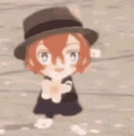 Chibi Character Wearing Hat And Dress On Wooden Floor GIF