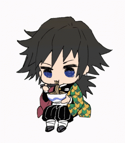A Chibi Drawing Of A Person Eating Noodles With Chopsticks GIF