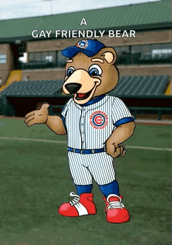 A Chicago Cubs Mascot Is Wearing A Blue And White Striped Uniform GIF