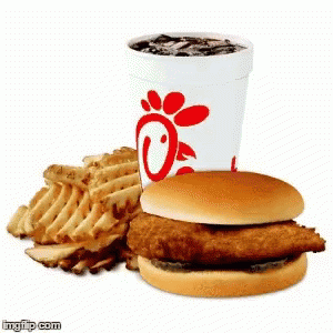 A Chick-Fil-A Chicken Sandwich And French Fries Next To A Cup Of Soda . GIF