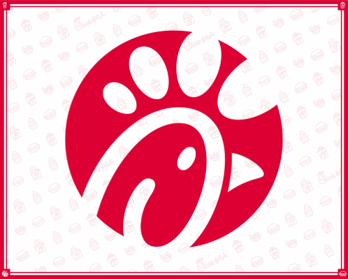 A Chick-Fil-A Logo On A White Background With A Pattern Of Hamburgers And Cupcakes GIF