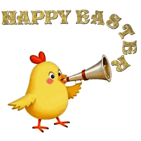 a chicken is blowing a horn with the words happy easter written in gold letters
