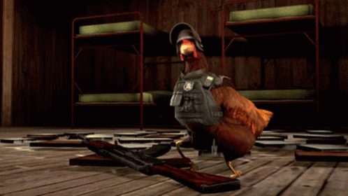 A Chicken Is Laying On The Floor With A Gun In Front Of Bunk Beds GIF