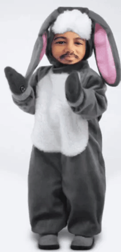 A Child Dressed In A Bunny Costume With A Face On It GIF