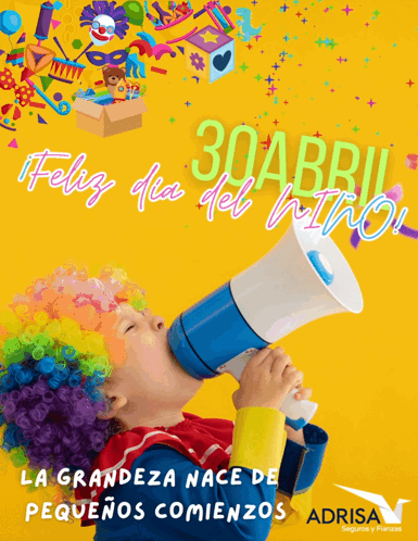 A Child In A Clown Costume Is Holding A Megaphone With The Date 30 April On It GIF