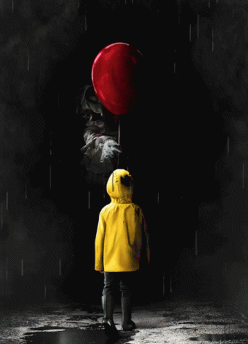 A Child In A Yellow Raincoat Is Holding A Red Balloon In The Rain GIF