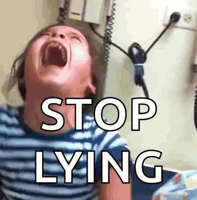 A Child Is Crying With The Words " Stop Lying " Written Above Him GIF