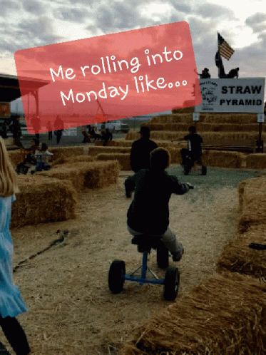 A Child Is Riding A Tricycle In A Field With A Sign That Says Straw Pyramid GIF