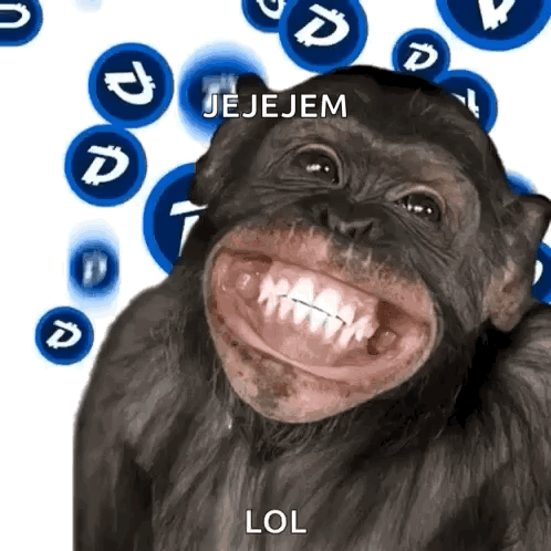 A Chimpanzee Is Smiling In Front Of A Background Of Blue Circles With The Words Jejejem Lol Written Below It GIF