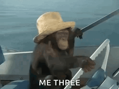 A Chimpanzee Wearing A Straw Hat And Holding A Sword Is Sitting On A Boat And Saying Me Three . GIF