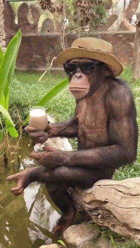 A Chimpanzee Wearing A Straw Hat And Sunglasses Holds A Drink GIF