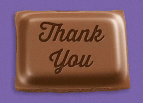 A Chocolate Bar That Says Thank You On A Purple Background GIF