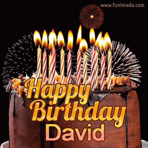 A Chocolate Birthday Cake With Candles And Fireworks Says Happy Birthday David GIF