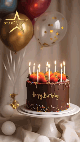A Chocolate Birthday Cake With Strawberries And Candles Is On A Cake Stand GIF
