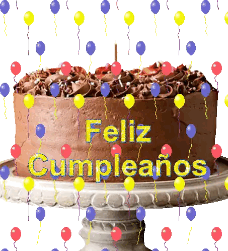 a chocolate cake with balloons and the words feliz cumpleanos
