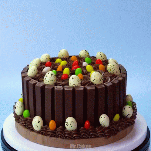 A Chocolate Cake With Eggs On Top And The Words Mr.cakes On The Bottom GIF