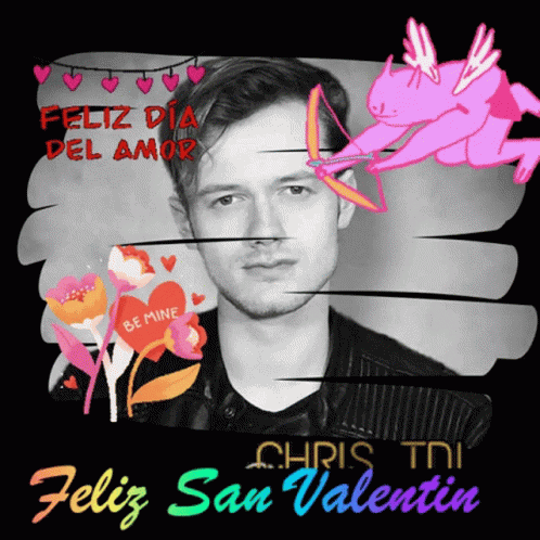 A Chris Tni Feliz San Valentin Greeting Card With A Cupid Holding A Bow And Arrow GIF